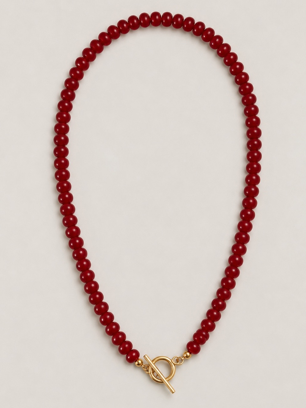 New! Red Beaded Toggle Necklace Gold Tone Statement Jewelry